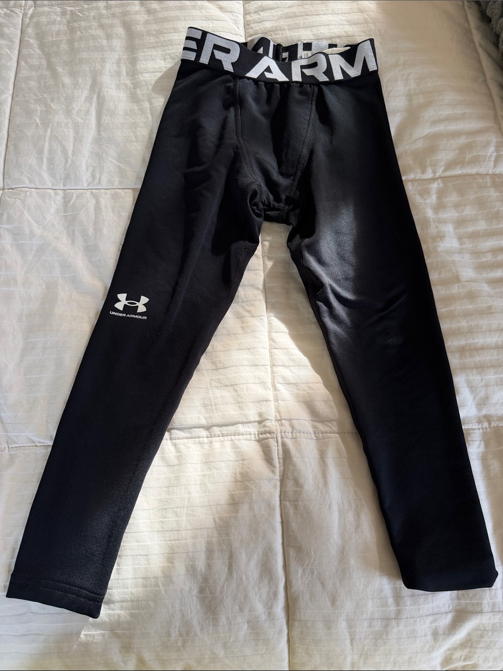 Under Armour Black Kids Compression Leggings with White Logo Waistband